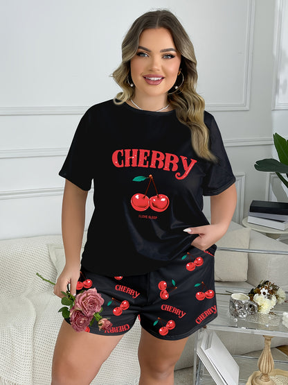 Women'S Plus Size Cherry Print Pajama Set - Soft Short Sleeve Top & Shorts, Loose Fit, Comfortable Fit for Spring/Summer, Plus Size Pajama