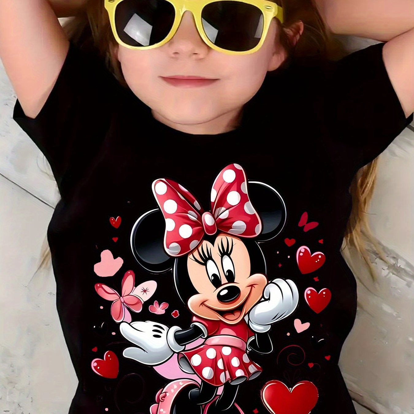 New Arrival - Cute Girl in Glasses Graphic Tee for Kids, Vibrant Yellow Cartoon T-Shirt with Minnie Mouse Design, Short Sleeve, Round Neck, Casual & Comfortable for Summer, Fall, Spring, Everyday Holiday Top|Playful Design|Co