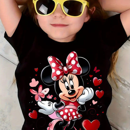 New Arrival - Cute Girl in Glasses Graphic Tee for Kids, Vibrant Yellow Cartoon T-Shirt with Minnie Mouse Design, Short Sleeve, Round Neck, Casual & Comfortable for Summer, Fall, Spring, Everyday Holiday Top|Playful Design|Co
