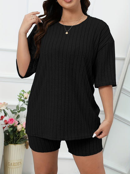 Women's Casual Lounge Set, Plus Size Solid Ribbed Short Sleeve Round Neck Top & Shorts Pajamas 2 Piece Set