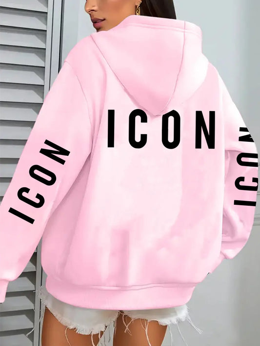 1pc Women'S Pink Hoodie with "ICON" Letter Print - Cozy Long-Sleeve Zip-Up Sweatshirt, Machine Washable, Casual Fall/Winter Pullover with Pockets, Casual Winter Wear | Trendy Casual Hoodie | Machine Washable Fabric