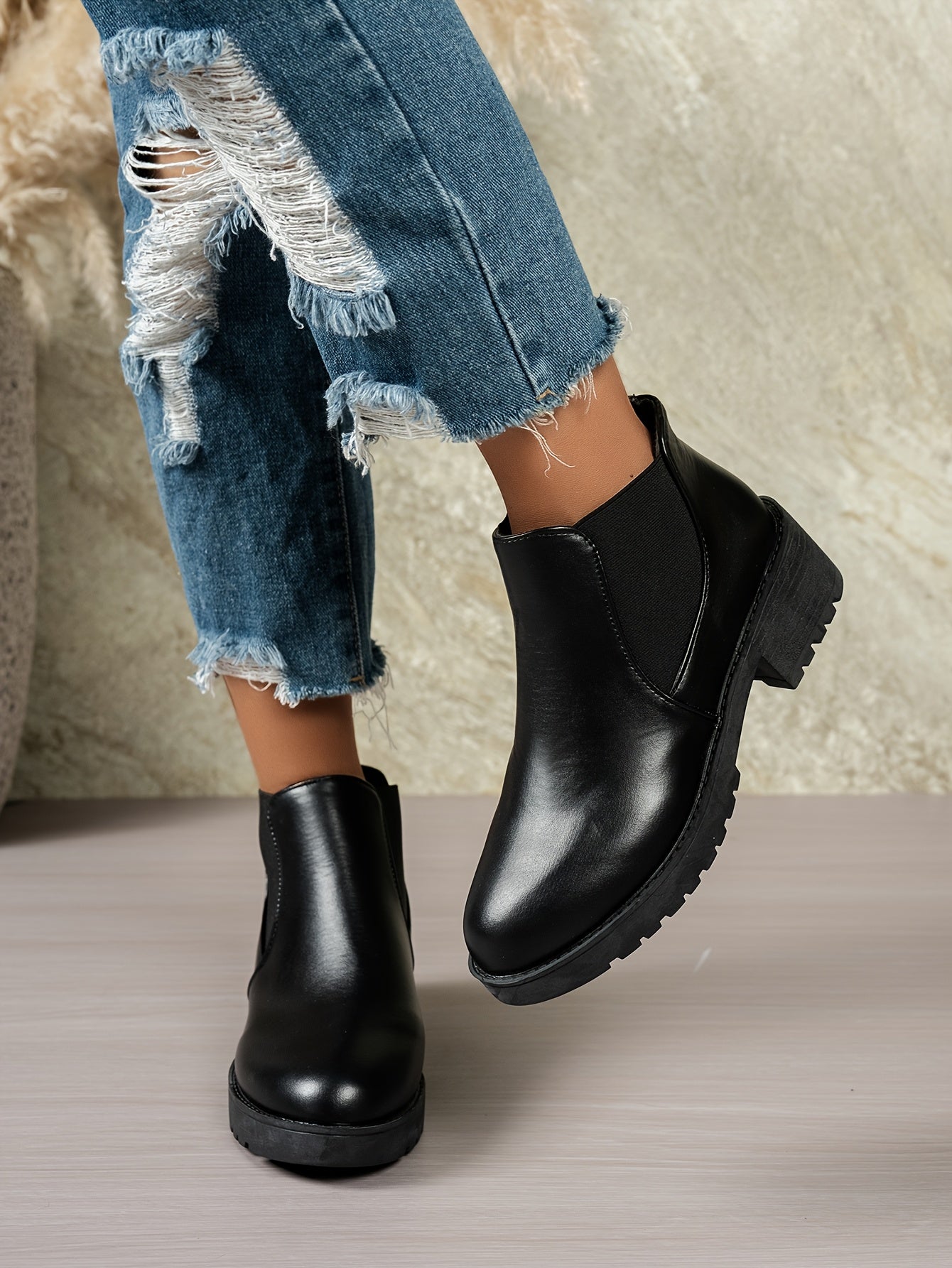 MagiMoBo Women'S Slip-On Chunky Mid-Heel Ankle Boots - Faux Cover Round Toe Platform Boots with Thick Rubber Sole, All-Season Casual Versatile Boots for Casual Attire, Comfortable Walking Boots, Durable Fabric Insole