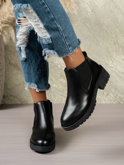 MagiMoBo Women'S Slip-On Chunky Mid-Heel Ankle Boots - Faux Cover Round Toe Platform Boots with Thick Rubber Sole, All-Season Casual Versatile Boots for Casual Attire, Comfortable Walking Boots, Durable Fabric Insole