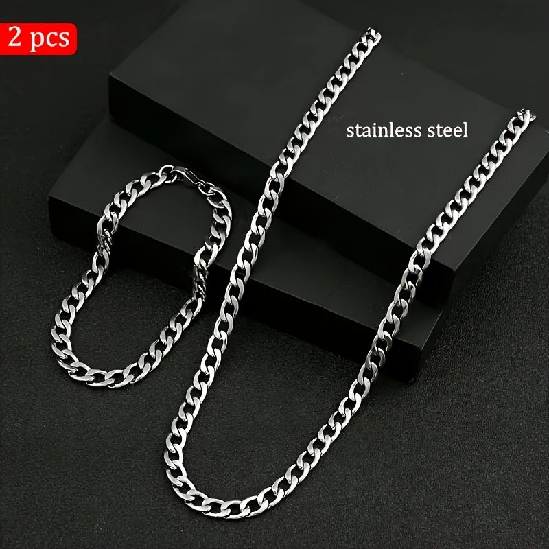 2pcs Hip-Hop Y2K Style Stainless Steel Necklace and Bracelet Set - Men's Necklace - Unisex Fashion Jewelry