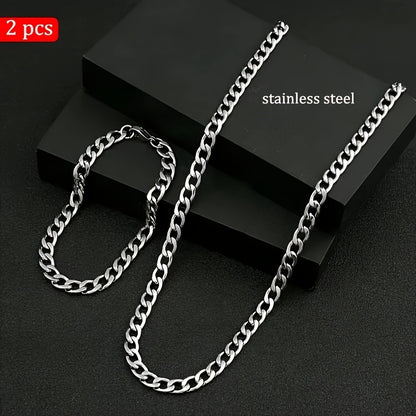 2pcs Hip-Hop Y2K Style Stainless Steel Necklace and Bracelet Set - Men's Necklace - Unisex Fashion Jewelry