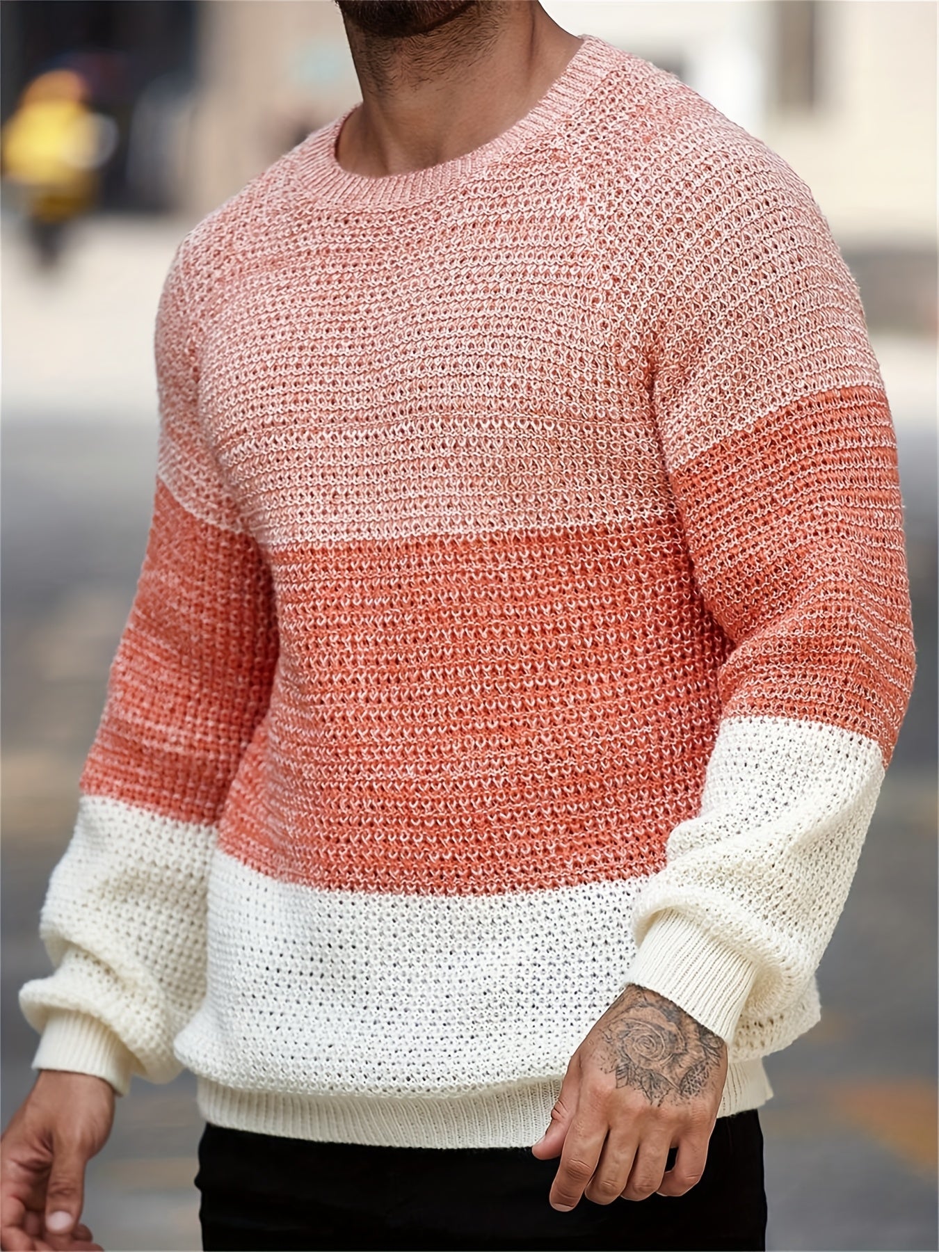 Men'S Casual Color Block Knit Pullover - Long Sleeve, Round Neck, Acrylic Fabric, Perfect for Fall/Winter Outings, School, and Casual Attir