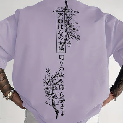 Men's Japanese Sakura Cherry Blossom & Text Print Casual T-Shirt - Black with Golden Floral Print Design, Loose Fit Round Neck, Breathable Summer Fabric, Machine Washable, Relaxed Fit Clothing, Elegant Design Shirt