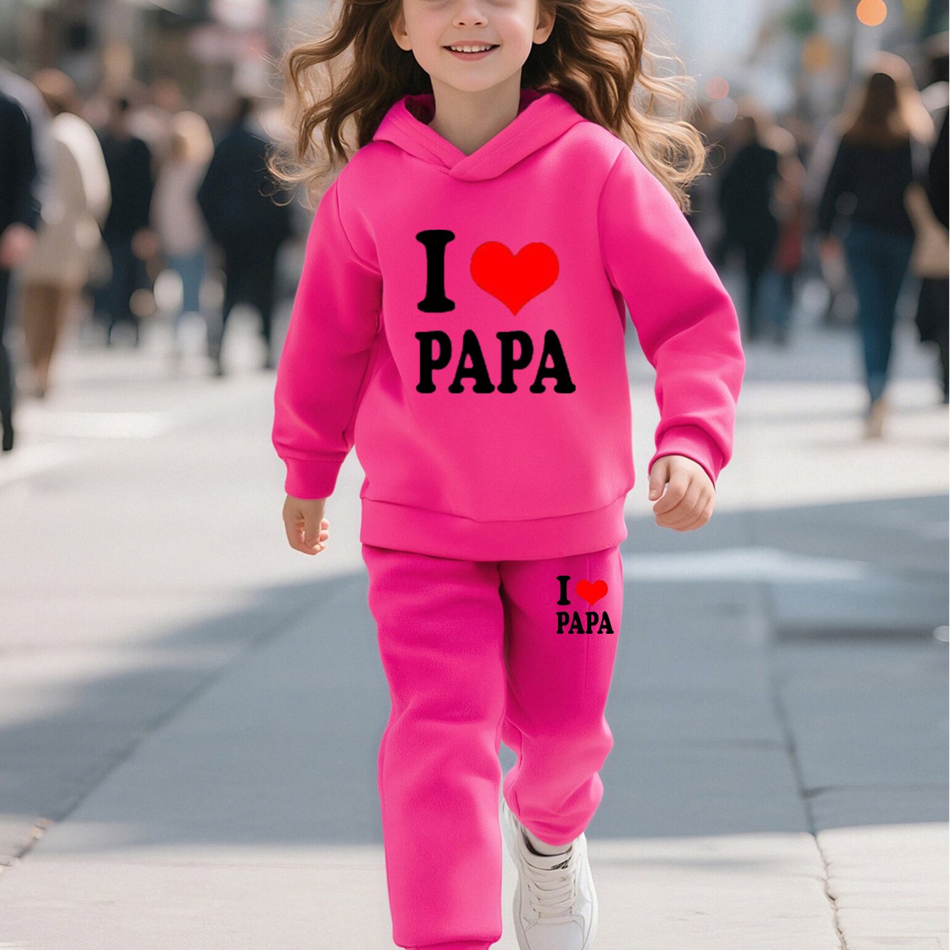 Fashionable Autumn And Winter Casual Sports Style for And "I Love Dad" Cartoon Popular Print Pattern Long-Sleeved Plus Velvet Warm Hooded Sweatshirt + Sweatpants Two-Piece Set, for Outdoor