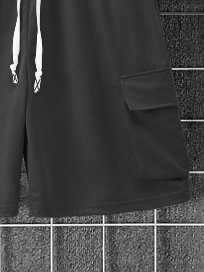 New Loose Fit Breathable Men's Crew Neck Short Sleeve T-Shirt and Workwear Style Multi-Pocket Shorts Set, Summer Casual Sportswear Two-Piece Outfit, Stylish Versatile Top and Pants for Both Men and Women
