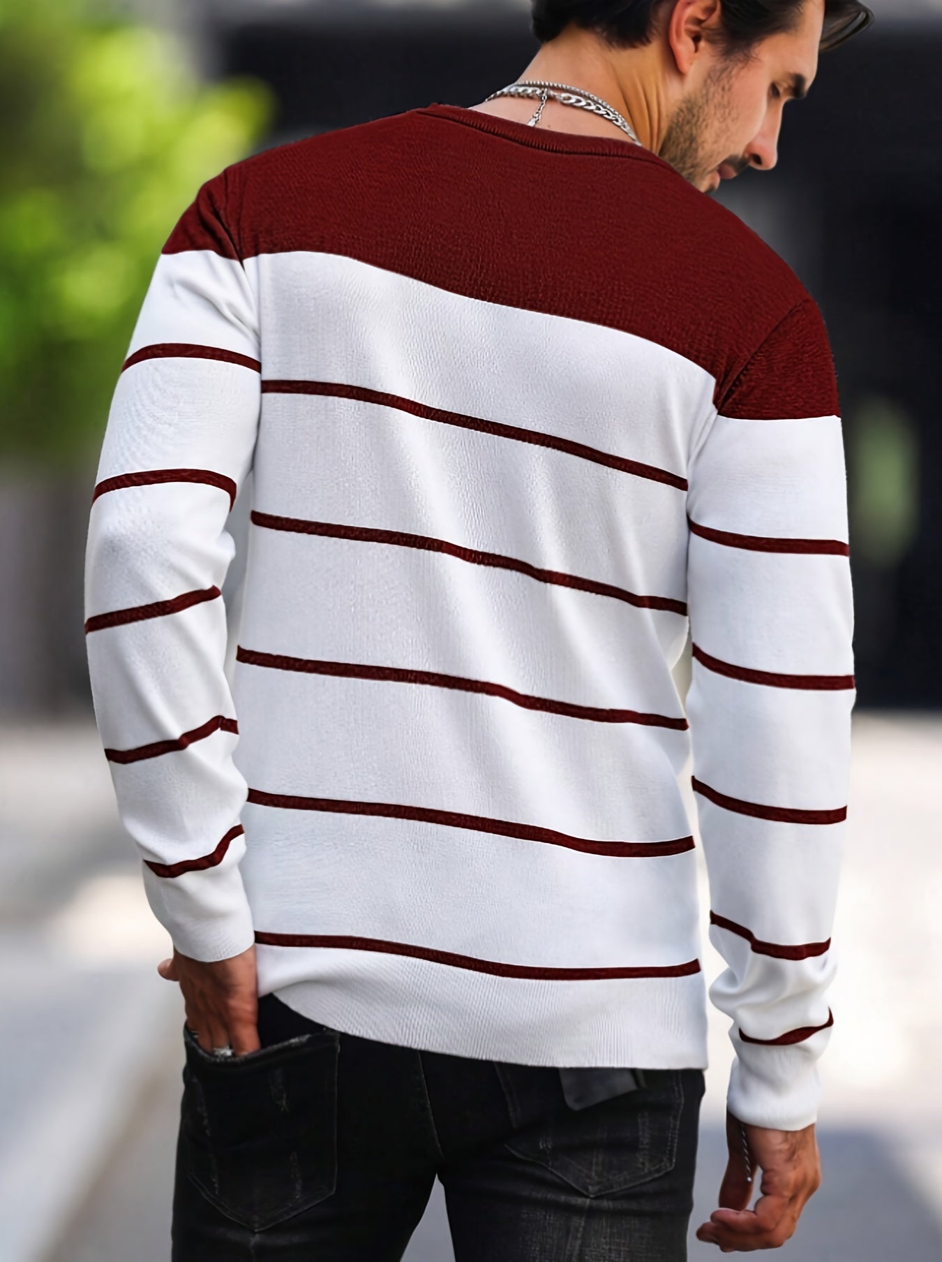 Men's Casual Striped Knit Pullover Sweater - Navy & White Contrast, Regular Fit H-Silhouette, Long Sleeve Crew Neck, Medium Stretch, Machine Washable for Spring & Fall, Mediumstretch Fabric