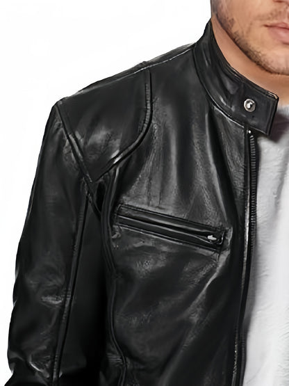 1pc Men'S Casual Faux Leather Jacket with Stand Collar, Solid Color Motorcycle Coat, Regular Fit with Pockets, Non-Stretch Woven Fabric - Spring/Fall Fashion Outerwear