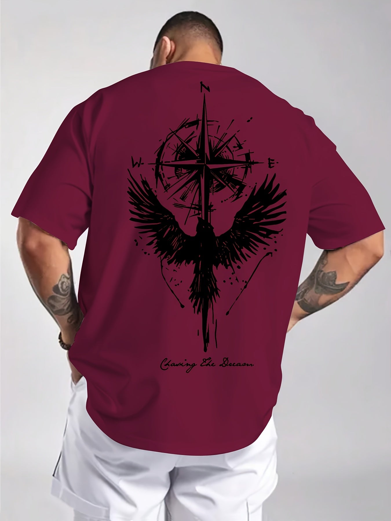 Men'S Summer Short Sleeve T-Shirt with Bold Eagle & Compass Print - Light Blue Casual Round Neck Tee, Comfortable Stretch Fabric for Casual Attire, Everyday Tshirt | Bold Graphic Tee | Comfortable Fit