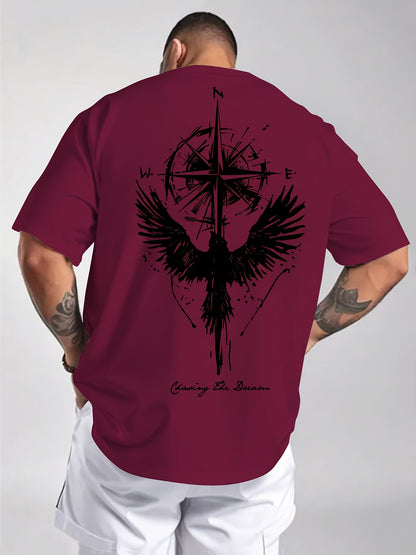 Men'S Summer Short Sleeve T-Shirt with Bold Eagle & Compass Print - Light Blue Casual Round Neck Tee, Comfortable Stretch Fabric for Casual Attire, Everyday Tshirt | Bold Graphic Tee | Comfortable Fit