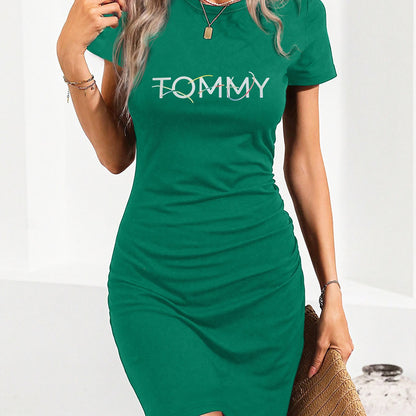 Women'S Bodycon Mini Dress with "TOMMY" Print - Stretchy, Breathable Fabric, Round Neck, Short Sleeve, Perfect for Parties & Casual Attire, Black, Party Attire | Round Neckline | Stretchy Fabric