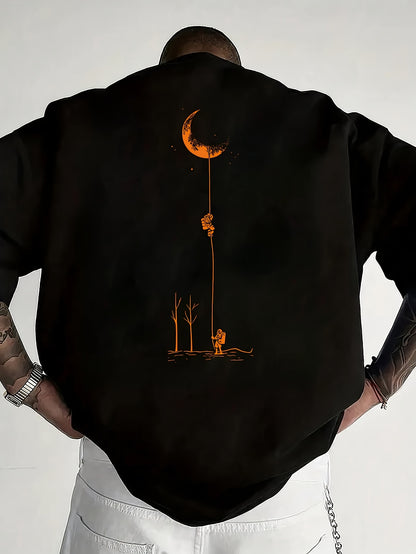 Men's Graphic Print Short Sleeve T-Shirt - Black Relaxed Fit Casual Round Neck, Durable Polyester Fabric, Machine Washable Summer Outdoor Top, Moon And Trees Design | Lightweight Clothing