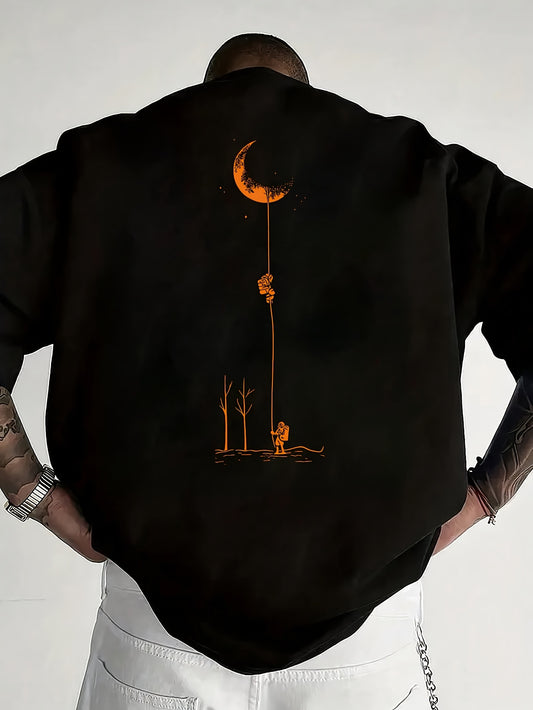 Men's Graphic Print Short Sleeve T-Shirt - Black Relaxed Fit Casual Round Neck, Durable Polyester Fabric, Machine Washable Summer Outdoor Top, Moon And Trees Design | Lightweight Clothing