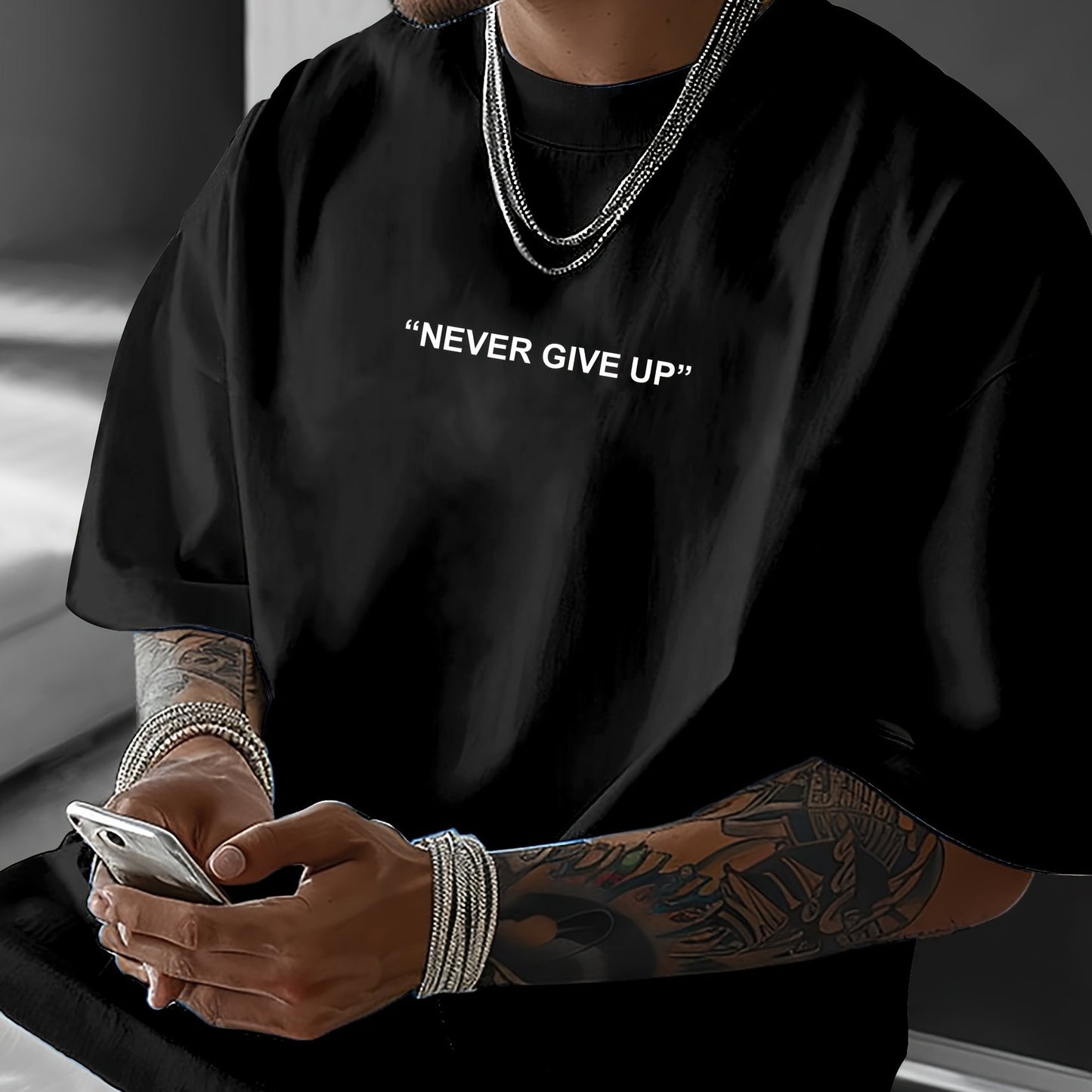Men's "Never Give Up" Graphic Print Casual T-Shirt - Comfortable Crew Neck, Short Sleeve, Loose Fit for Spring & Summer, White Polyester Tee for Casual Attire, Casual Summer Wear | Loose Fit Top | Smooth Texture