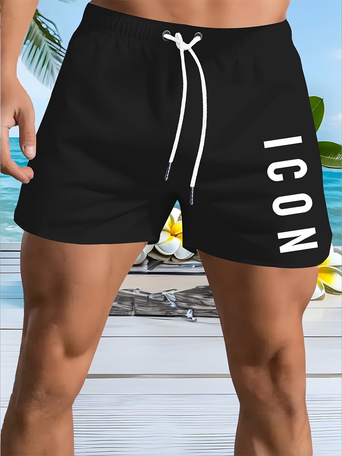 Men'S Quick-Dry Beach Shorts - Breathable, Sun-Protective Lightweight Running & Hiking Shorts with "ICON" Geometric Print, Elastic Waistband, Side Pockets, Casual Outdoor Activewear, Beach Shorts