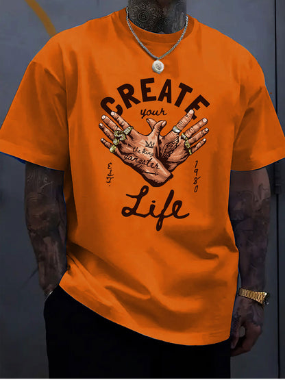 Men's Short-Sleeve T-Shirt with Inspirational "CREATE Your Own Life" Print & Prayer Hands Design - Elastic Round Neck, Breathable Fabric for Summer Outdoor Activities, Casual Comfort Fit, Machine Washable, Artistic Lifestyle