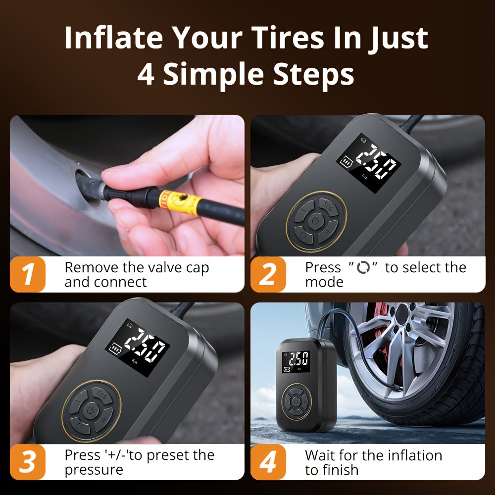 150PSI Portable Air Compressor Tire Inflator - Cordless Tire Pump with Digital Pressure Gauge, LED Light, USB Charging, And Rechargeable Lithium Battery - Perfect for Car, Bike, Motorcycle, And Ball Inflation