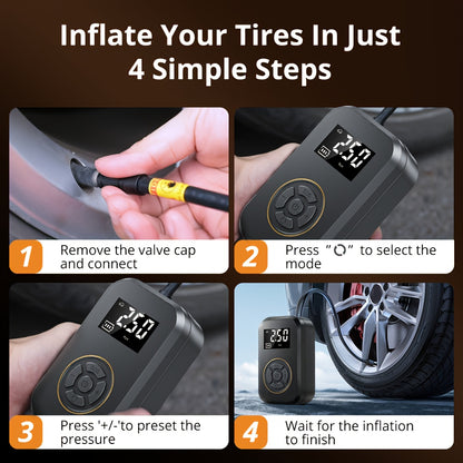 150PSI Portable Air Compressor Tire Inflator - Cordless Tire Pump with Digital Pressure Gauge, LED Light, USB Charging, And Rechargeable Lithium Battery - Perfect for Car, Bike, Motorcycle, And Ball Inflation