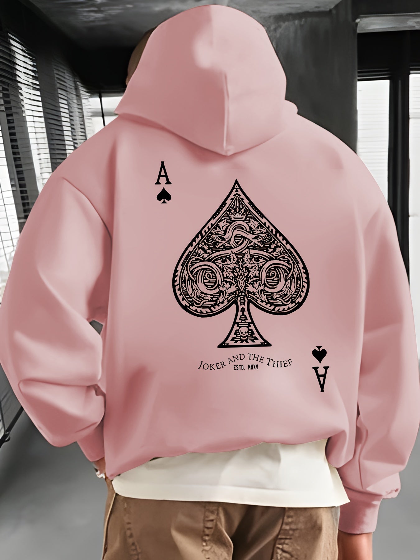Men's Casual Pullover Hoodie with Geometric Spade Print, Polyester, Regular Fit, Knit Fabric, Pocket Detail, Sports Sweatshirt