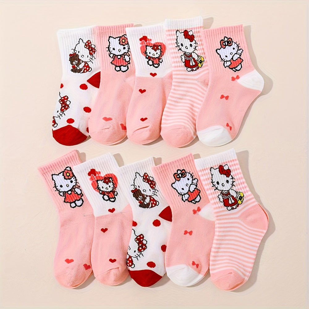 10 Pairs Hello Kitty Girls Socks, Cute Cartoon Sanrio Ankle Crew Socks, Breathable Soft Knit, Pink Red Heart Pattern, Spring Fall Winter Toddler Socks