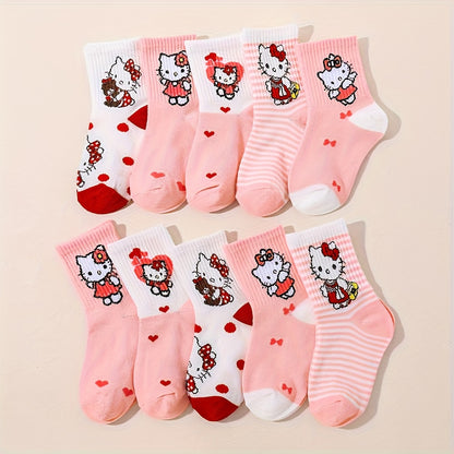 10 Pairs Hello Kitty Girls Socks, Cute Cartoon Sanrio Ankle Crew Socks, Breathable Soft Knit, Pink Red Heart Pattern, Spring Fall Winter Toddler Socks