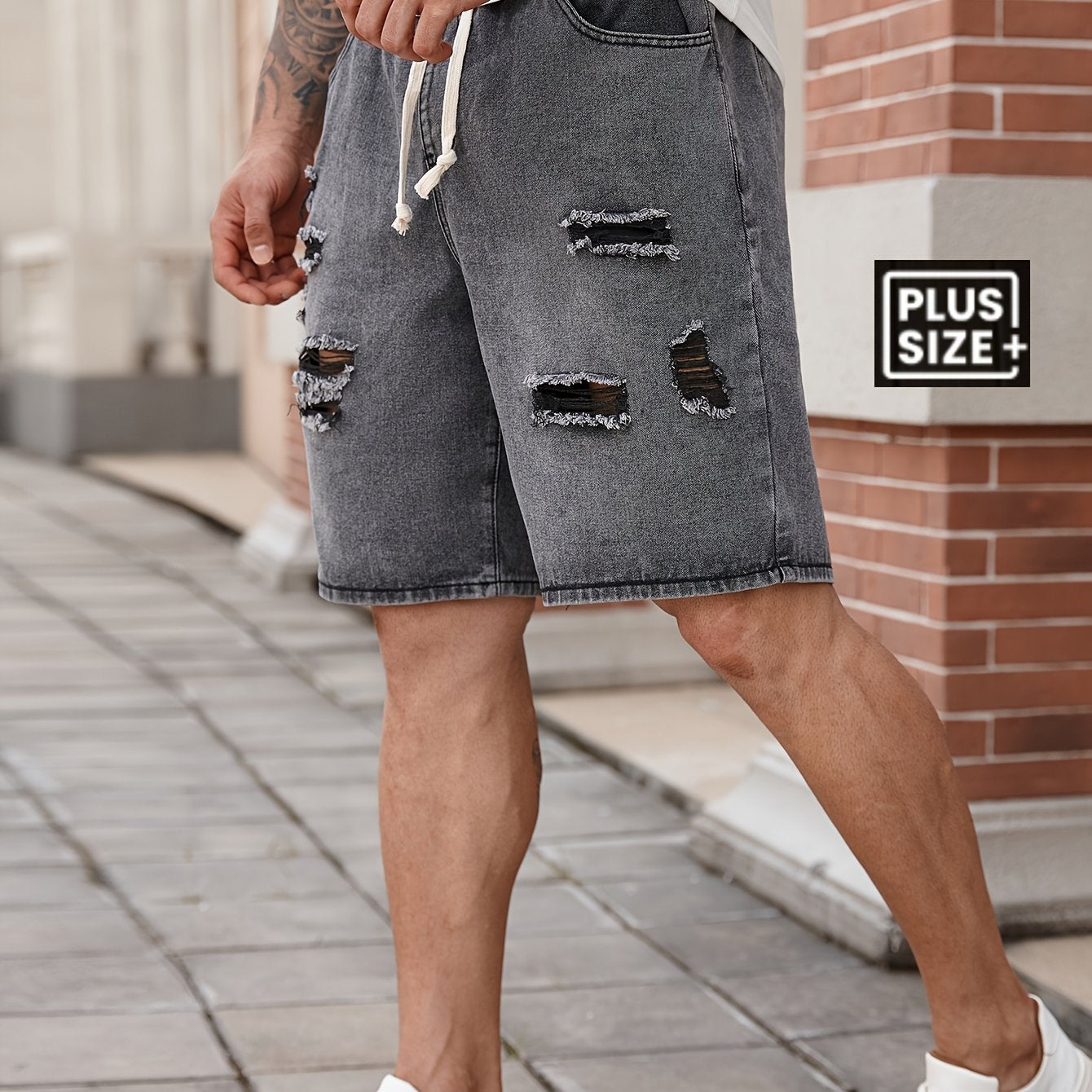 Men's Big & Tall Jeans Shorts - Non-Stretch Heavy-Duty Jeans Fabric, Drawstring Waistband, Loose Fit Casual Pants for Everyday & Formal Outfits - Machine Washable Denim Shorts, Relaxed Style, Distressed Look, Sturdy Construct