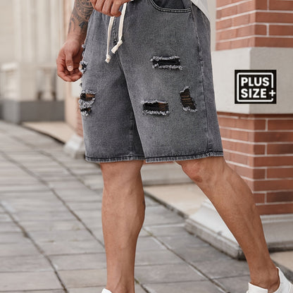 Men's Big & Tall Jeans Shorts - Non-Stretch Heavy-Duty Jeans Fabric, Drawstring Waistband, Loose Fit Casual Pants for Everyday & Formal Outfits - Machine Washable Denim Shorts, Relaxed Style, Distressed Look, Sturdy Construct