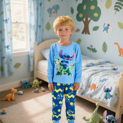 Disney Stitch Print Long Sleeve and Pants Set, Comfortable Flame-Retardant Polyester - Spring/Summer New Stylish Boys' Loungewear - Round Neck, Stretch Fabric, Perfect Birthday Gift, Light Beige-Friendly Kids' Home Outfit