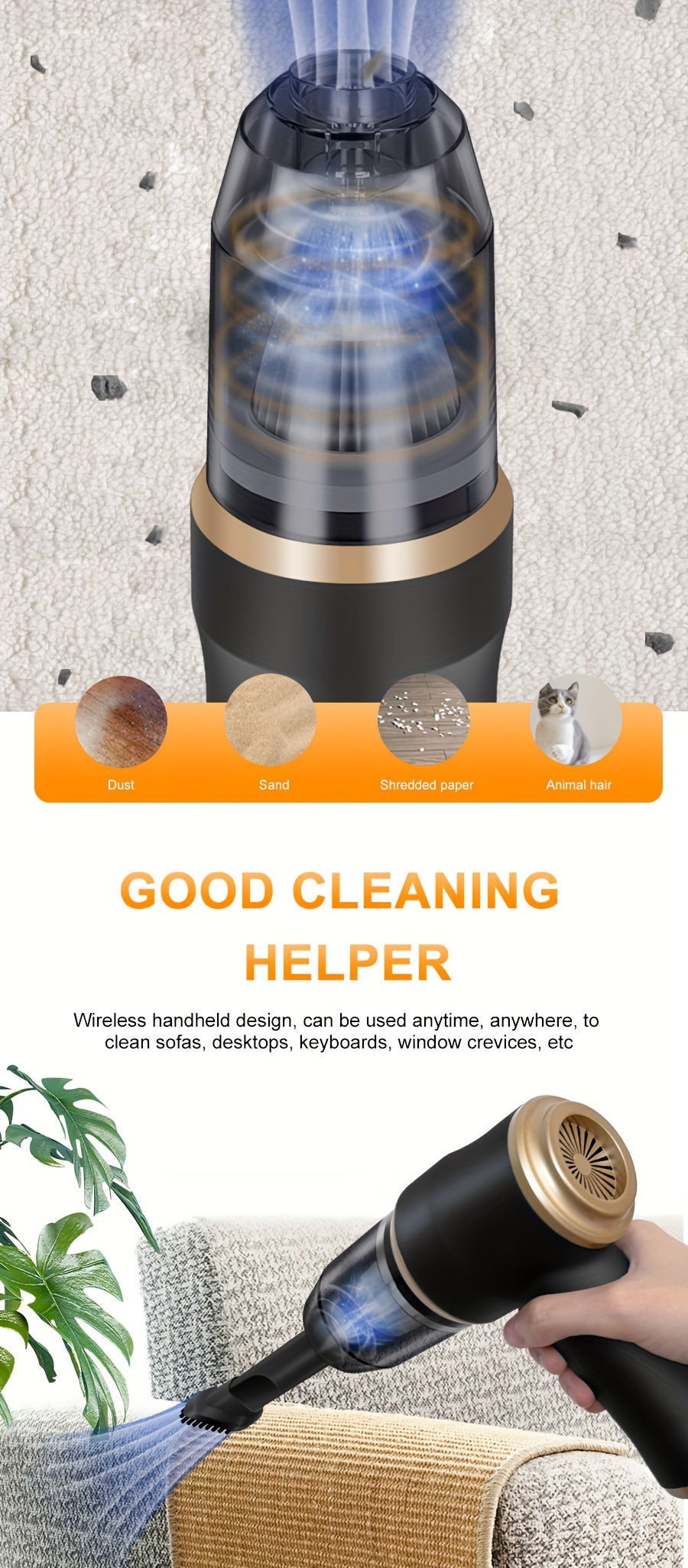 BELlBUY Portable Cordless Handheld Vacuum Cleaner, 6000Pa Powerful Suction for Cars, Computers, Sofas, Offices, Pets, and Homes - Includes Multiple Nozzles, USB Rechargeable, Low Noise, Car Vacuum Cleaner