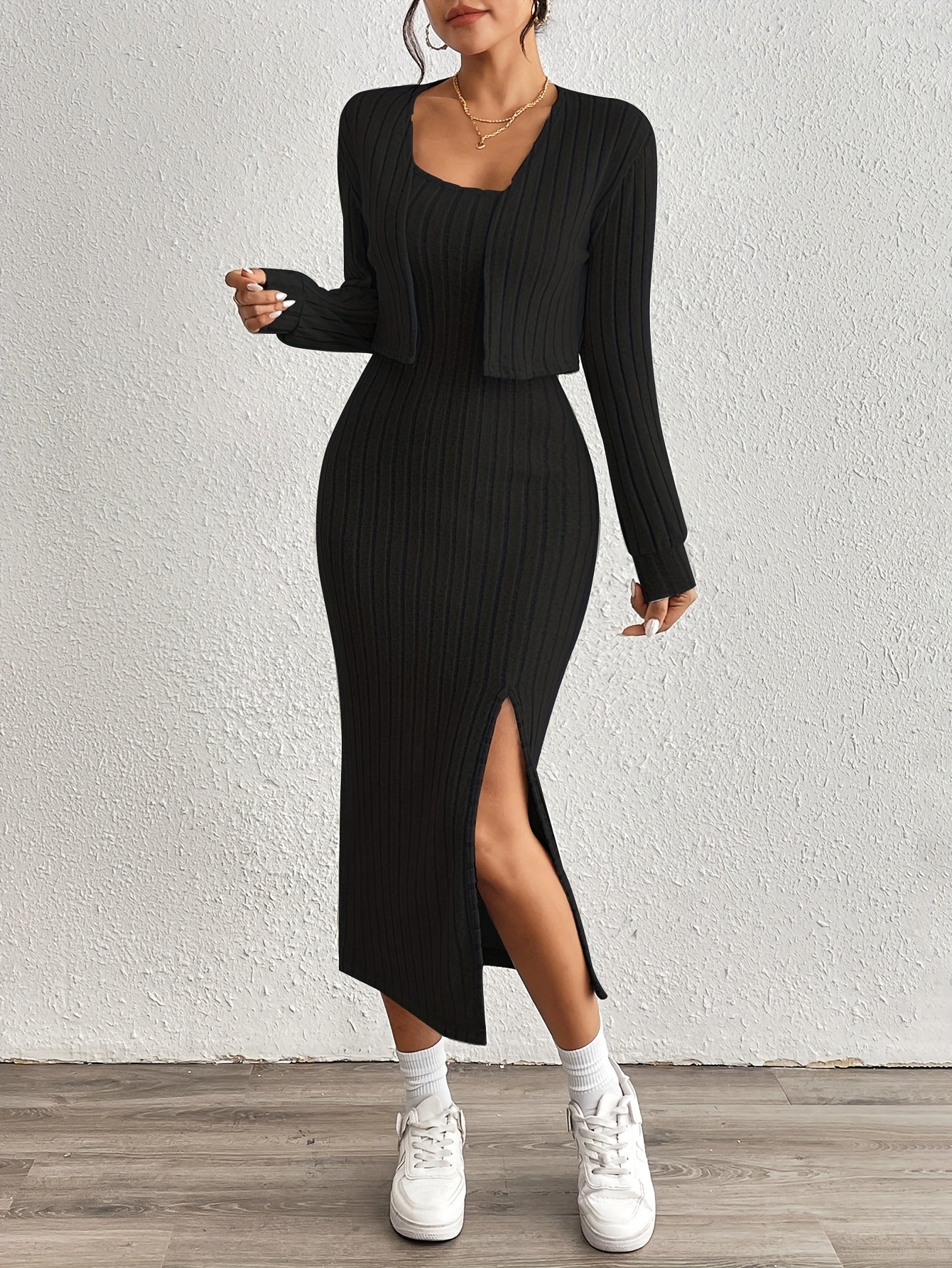 Simple y Fleece Two-Piece Dress and Jacket Set