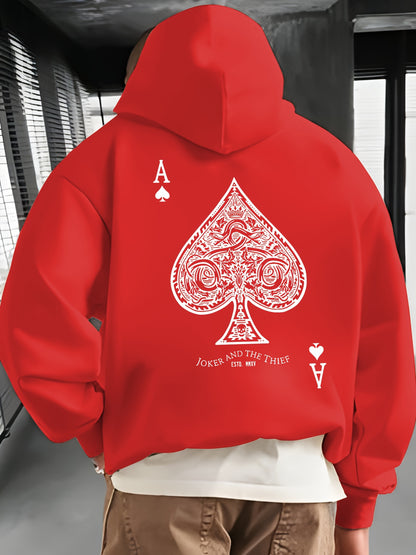 Men's Casual Pullover Hoodie with Geometric Spade Print, Polyester, Regular Fit, Knit Fabric, Pocket Detail, Sports Sweatshirt