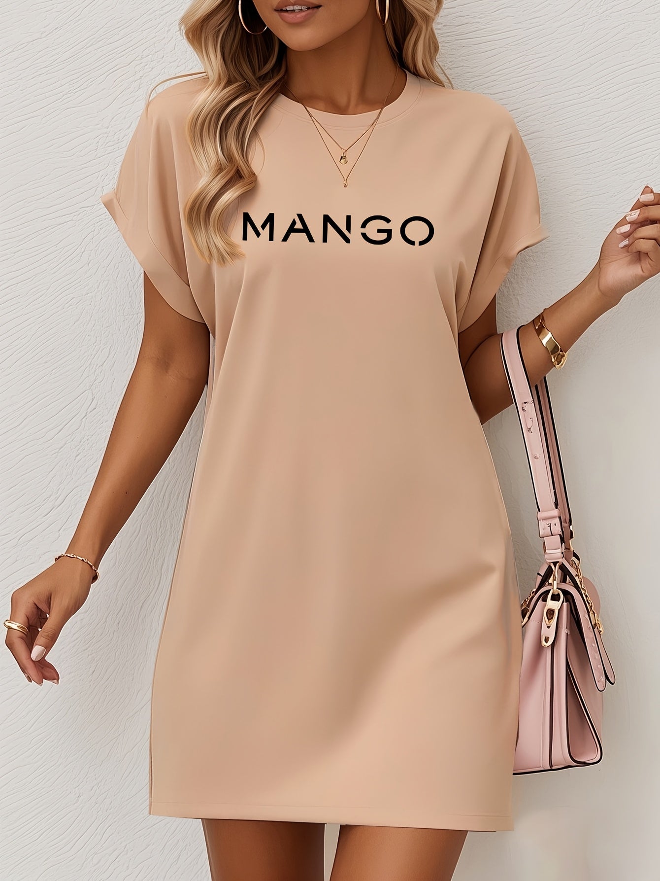 Women's Casual Mango Letter Print T-Shirt Dress - Vibrant Orange Short Sleeve Midi Dress with Pockets, Relaxed Fit & Drop Shoulder, Machine Washable All-Season Comfort, Spring Fashion, Breathable Material, Adult Clothing