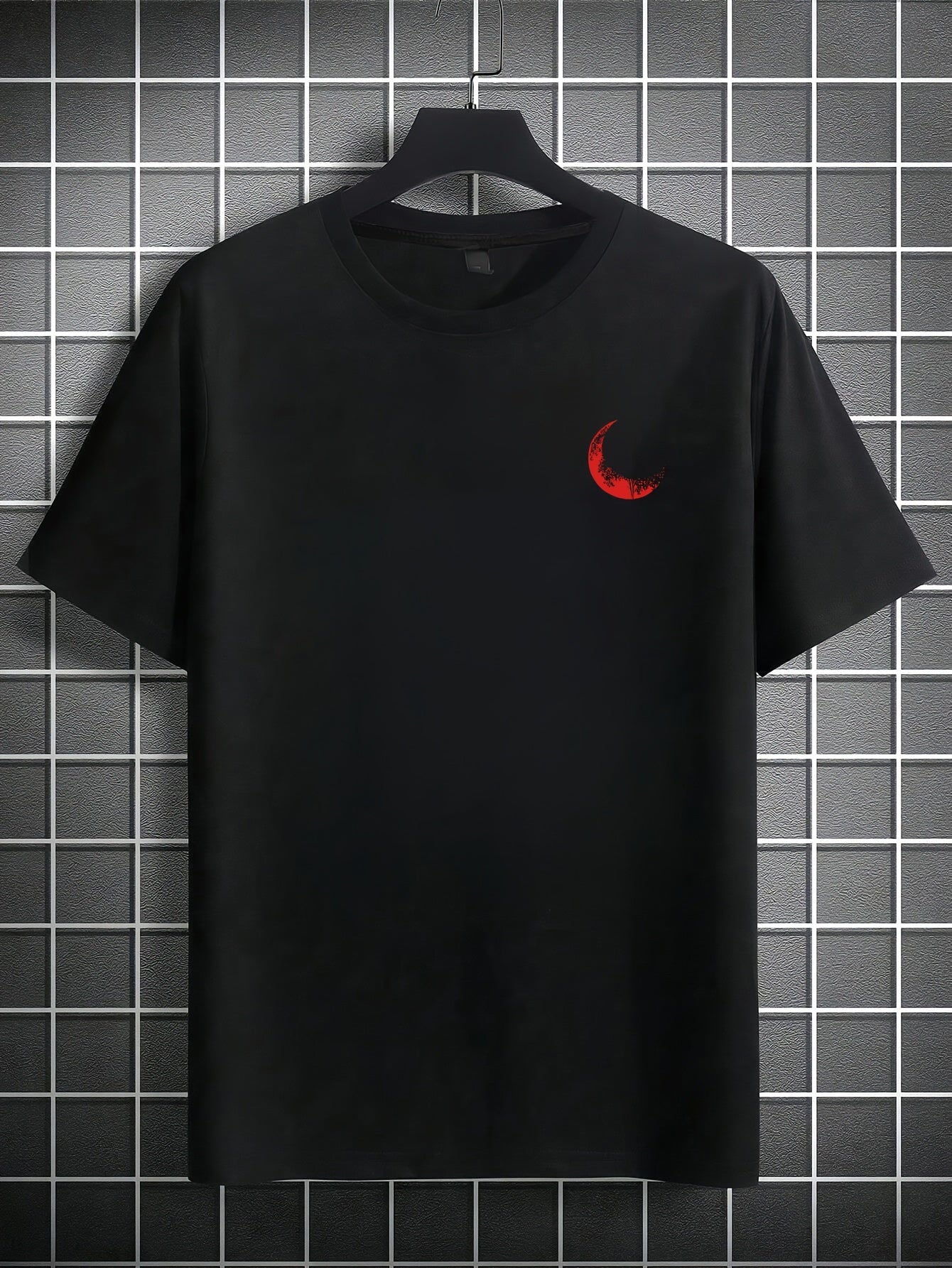 Men's Graphic Print Short Sleeve T-Shirt - Black Relaxed Fit Casual Round Neck, Durable Polyester Fabric, Machine Washable Summer Outdoor Top, Moon And Trees Design | Lightweight Clothing