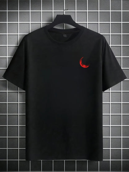 Men's Graphic Print Short Sleeve T-Shirt - Black Relaxed Fit Casual Round Neck, Durable Polyester Fabric, Machine Washable Summer Outdoor Top, Moon And Trees Design | Lightweight Clothing