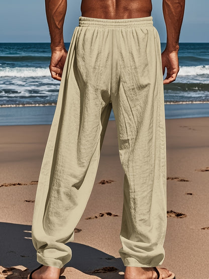 Men's Lightweight Breathable Linen Pants - American Loose Fit Straight Leg Casual Trousers with Adjustable Drawstring Waist & Side Pockets, Semi-Sheer Solid Color for Beach Vacation, Summer Outings & Casual Attire, Beach Pant