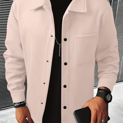 Men's Casual Button-Up Jacket with Front Pocket and Turn-Down Collar, Solid Color, PLUS SIZE