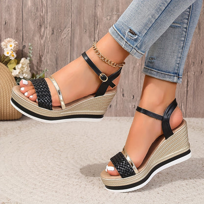 2024 New Arrival - Elegant 8.5cm High Heel Sandals with Golden & White Strap Design, Comfortable Platform Wedge for Women, Summer Fashion Footwear, Stylish Ankle Accessories | Elegant High Heel | Platform Wedge Sandals