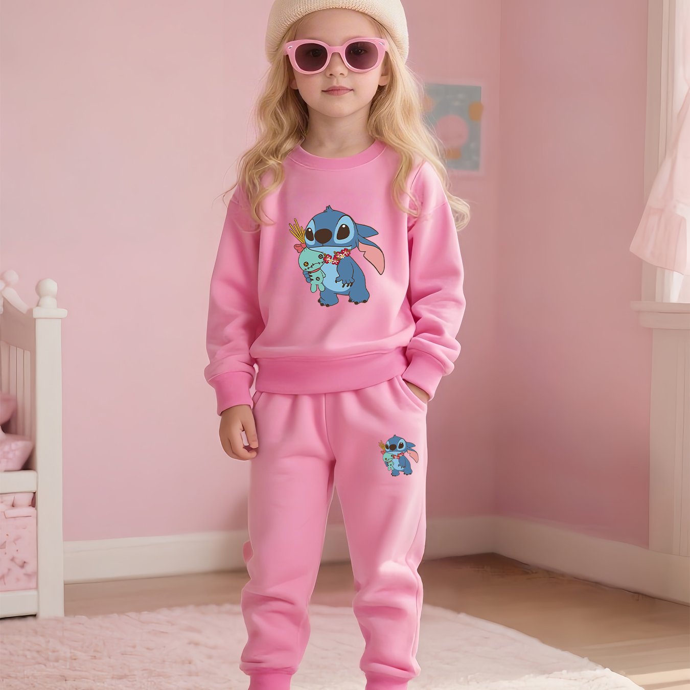 2pcs Disney Kids Casual Sweatshirt & Pants Set Stitch's Adorable Floral Adventure: A Heartwarming Cartoon Tale Long-Sleeve Crewneck, Children's clothing suitable for autumn and winter seasons, featuring cute cartoon patterns.