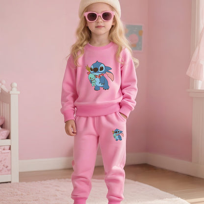 2pcs Disney Kids Casual Sweatshirt & Pants Set Stitch's Adorable Floral Adventure: A Heartwarming Cartoon Tale Long-Sleeve Crewneck, Children's clothing suitable for autumn and winter seasons, featuring cute cartoon patterns.