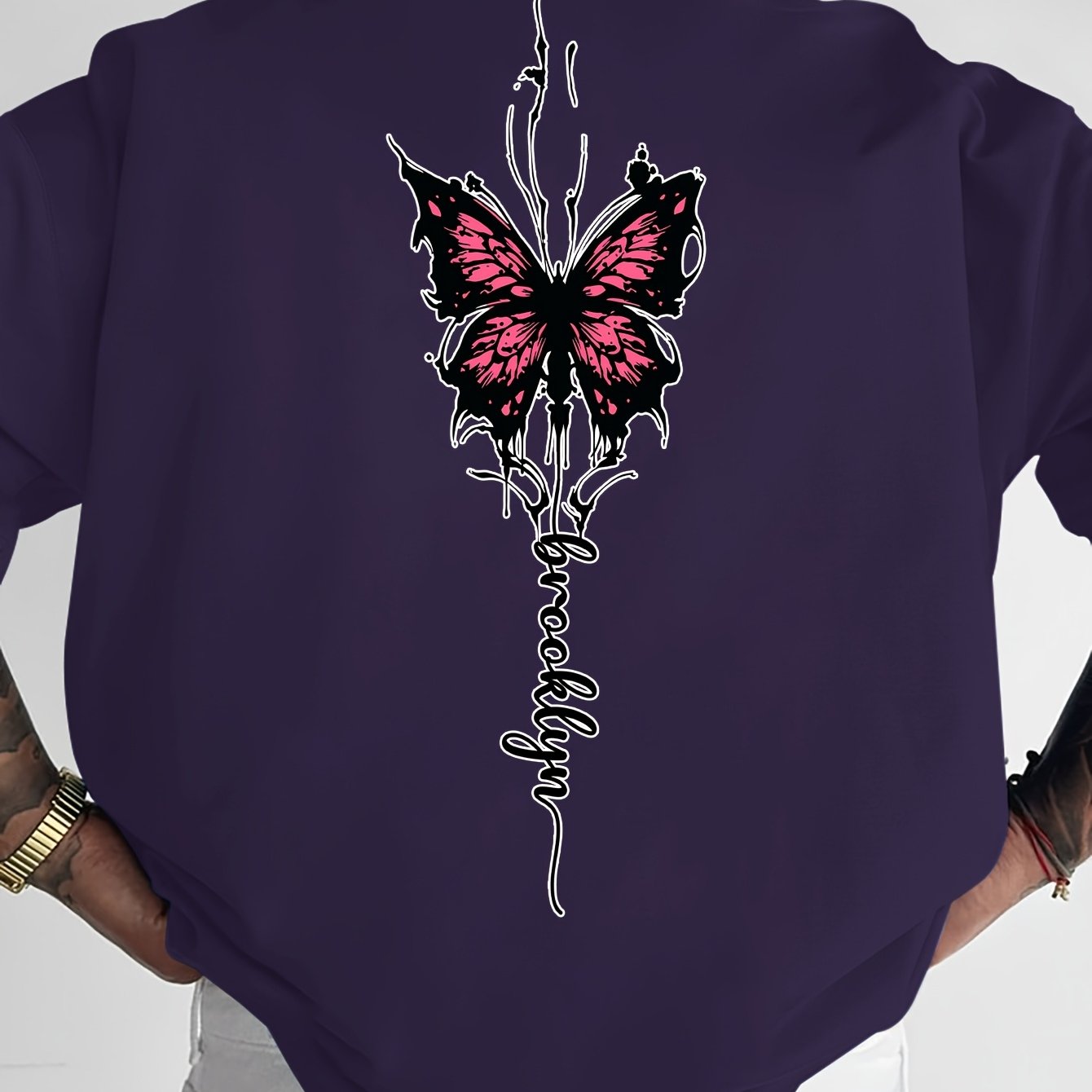 Men's Streetwear Graphic T-Shirt with Pink Butterfly & Brooklyn Letter Print - Loose Fit Casual Summer Tee, Breathable Round Neck Short Sleeve Shirt for Urban Fashion, Casual Attire, Streetstyle Tee, Relaxed Fit Top