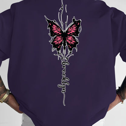 Men's Streetwear Graphic T-Shirt with Pink Butterfly & Brooklyn Letter Print - Loose Fit Casual Summer Tee, Breathable Round Neck Short Sleeve Shirt for Urban Fashion, Casual Attire, Streetstyle Tee, Relaxed Fit Top