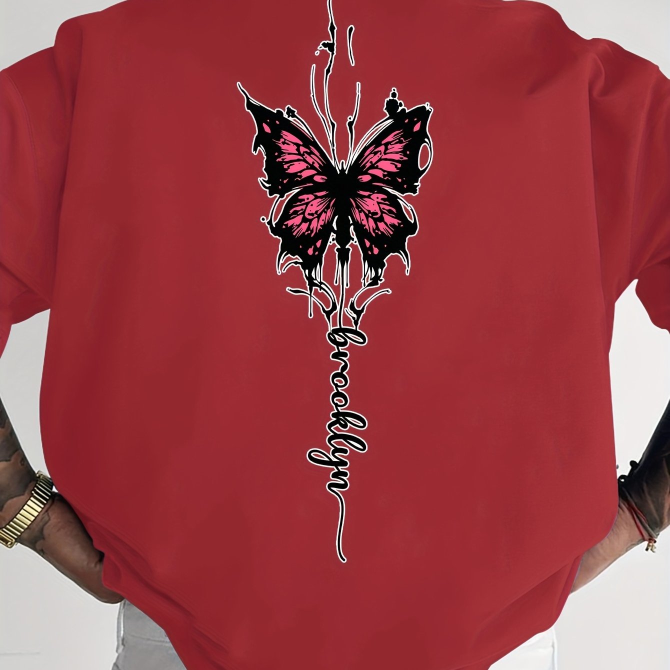 Men's Streetwear Graphic T-Shirt with Pink Butterfly & Brooklyn Letter Print - Loose Fit Casual Summer Tee, Breathable Round Neck Short Sleeve Shirt for Urban Fashion, Casual Attire, Streetstyle Tee, Relaxed Fit Top