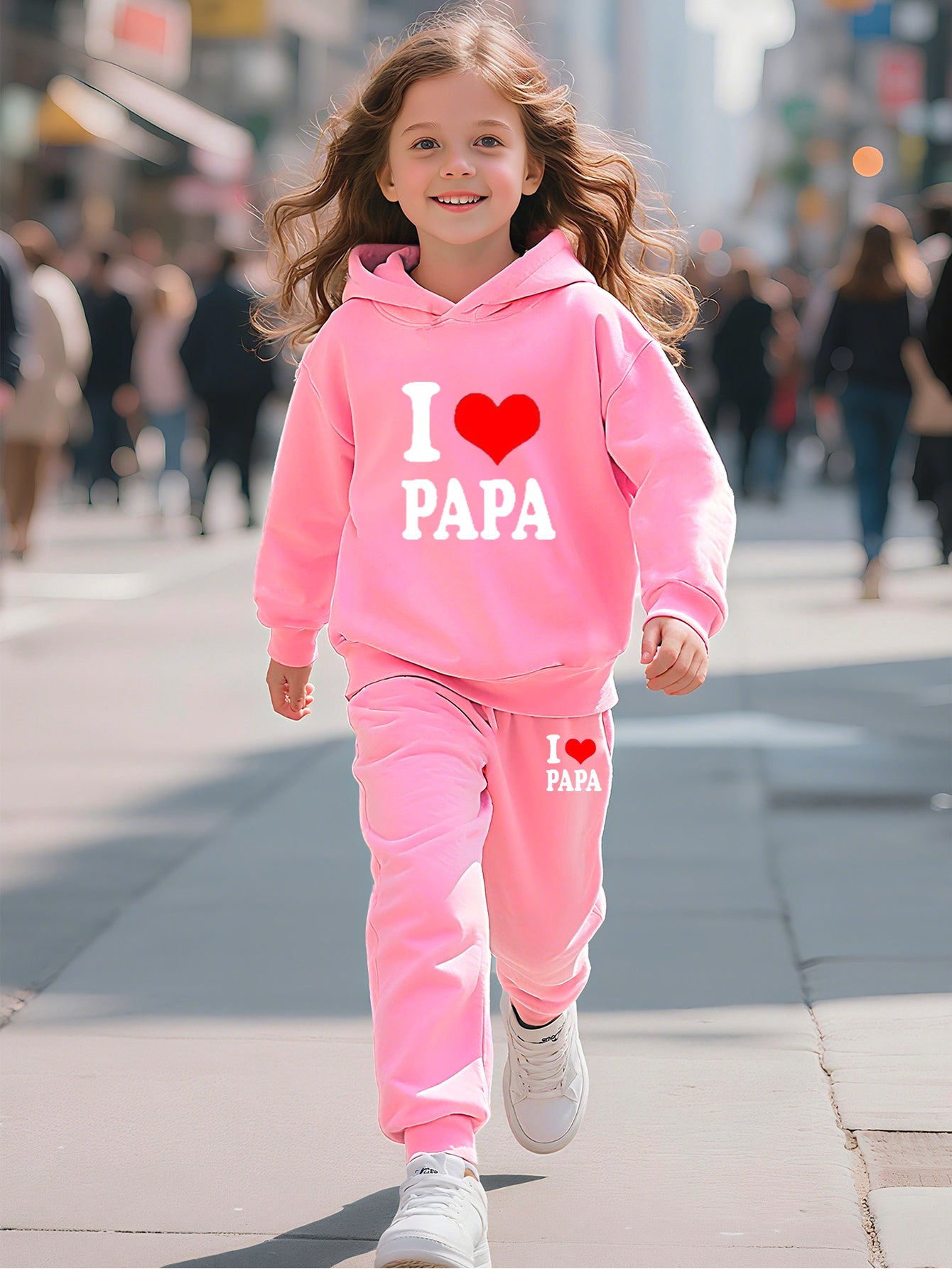 2pcs Back-to-School Season Fashionable Autumn/Winter Casual Sporty Style Girls' "I Love Dad" Cartoon Print Long Sleeve Fleece-Lined Hoodie + Sweatpants Set, Perfect for Outdoor