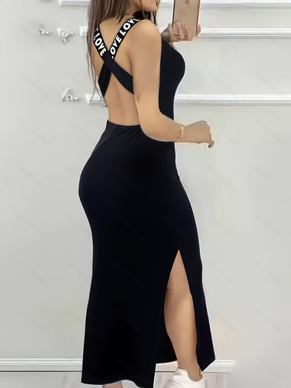 Women'S Sleeveless Crossbody Midi Dress - Black, Crew Neck, High-Low Hemline, Stretchy Polyester Blend, Casual Chic Style for All Seasons, Elegant Event Attire | Chic Crossbody Dress | Glossy Texture