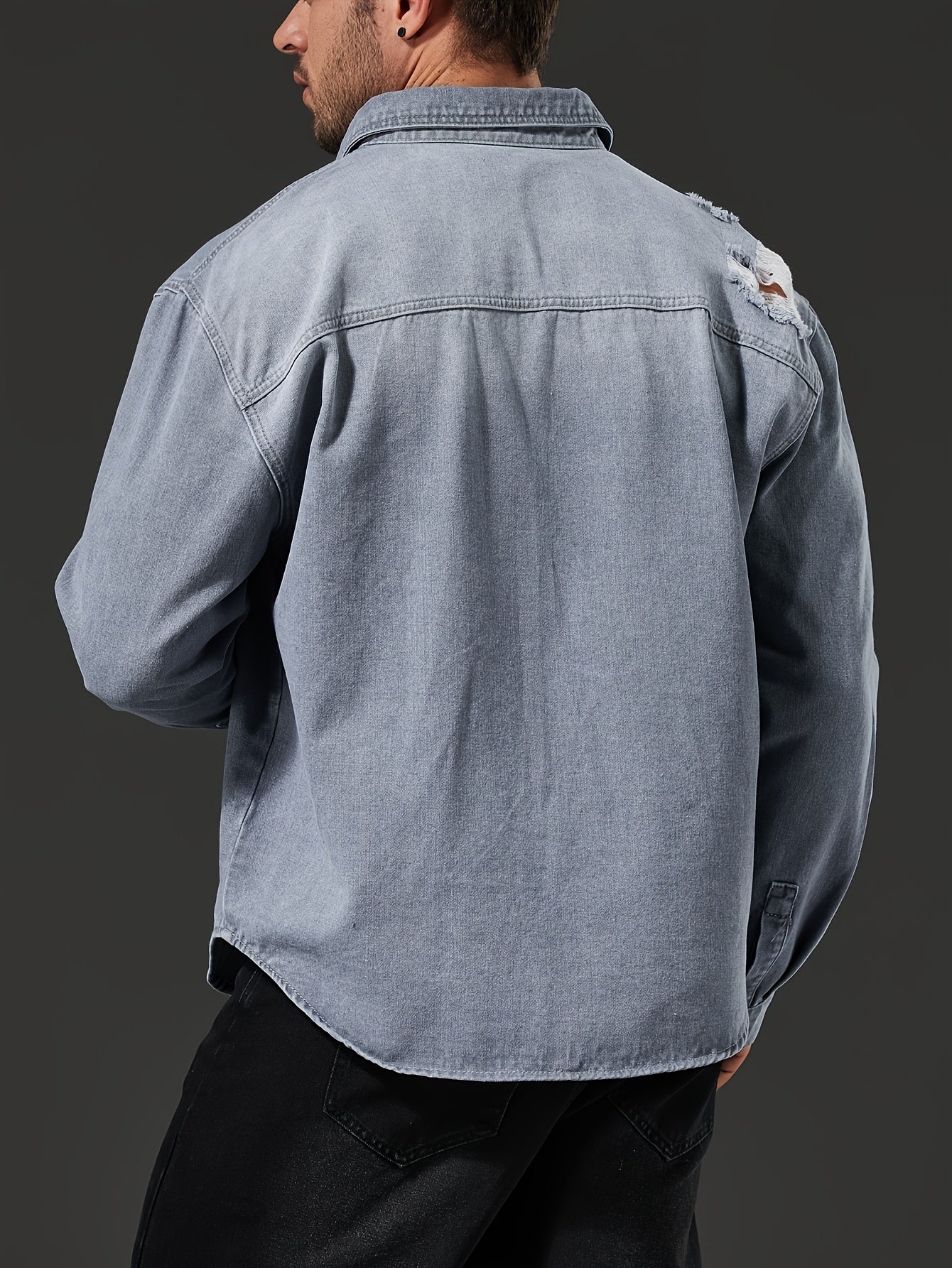Men'S Casual Denim Shirt - Washed Distressed Blue, Button-Up with Chest Pockets, Non-Stretch Fabric, Regular Fit for Casual Attire, Casual Attire Shirt | Distressed Denim Shirt | Nonstretch Fabric, Plus Size