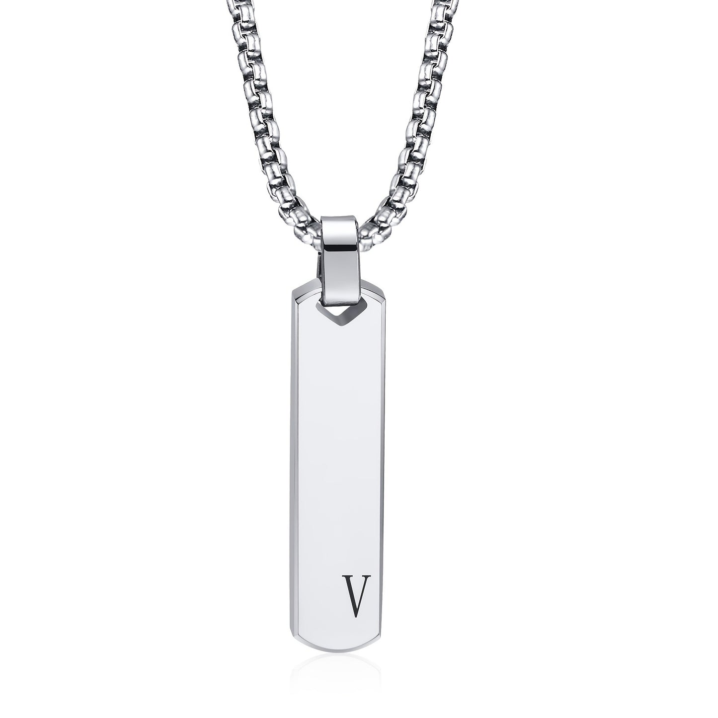 Letter Necklace Pendant Made of Stainless Steel, Featuring a Laser-Etched Design of 26 Letters, Polished for a Stylish 3D Rectangular Look, Suitable for Men.