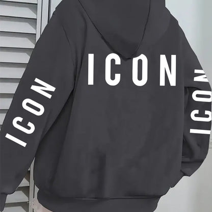 1pc Women'S Pink Hoodie with "ICON" Letter Print - Cozy Long-Sleeve Zip-Up Sweatshirt, Machine Washable, Casual Fall/Winter Pullover with Pockets, Casual Winter Wear | Trendy Casual Hoodie | Machine Washable Fabric